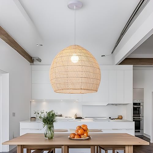 1-Light Rattan Pendant Light,13.78" Hand-Woven Bamboo Rattan Hanging Light Wicker Chandelier for Kitchen Island Restaurant Craft Room Farmhouse