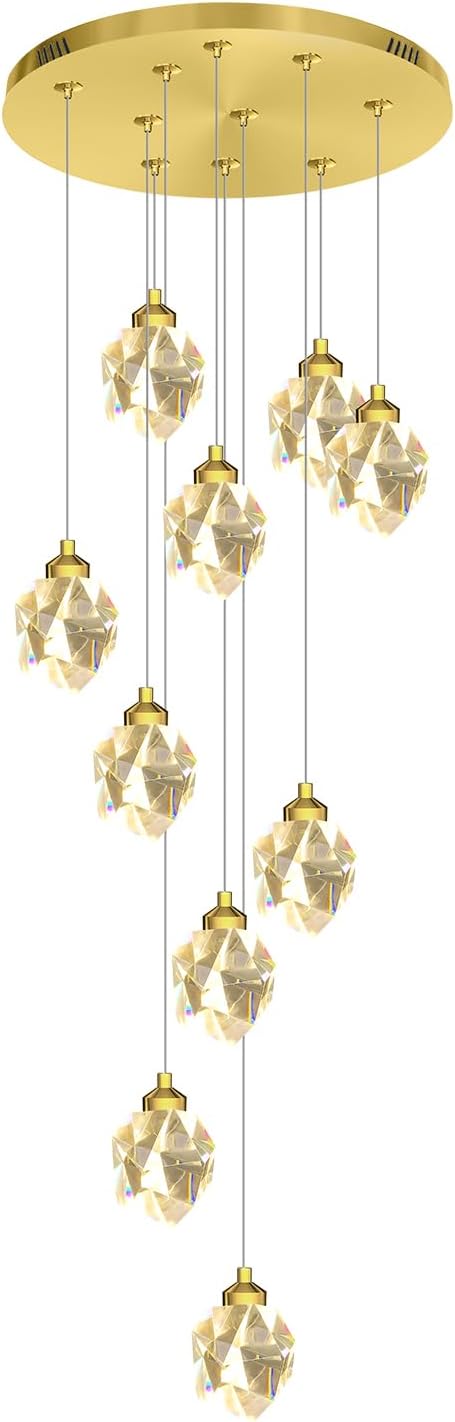 10-Lights Gold Crystal Chandeliers for Living Room 120 inches Long Staircase Chandelier Foyer Entrance Crystal Ceiling Light High Ceiling Chandeliers LED Dimmable 3000-6000K