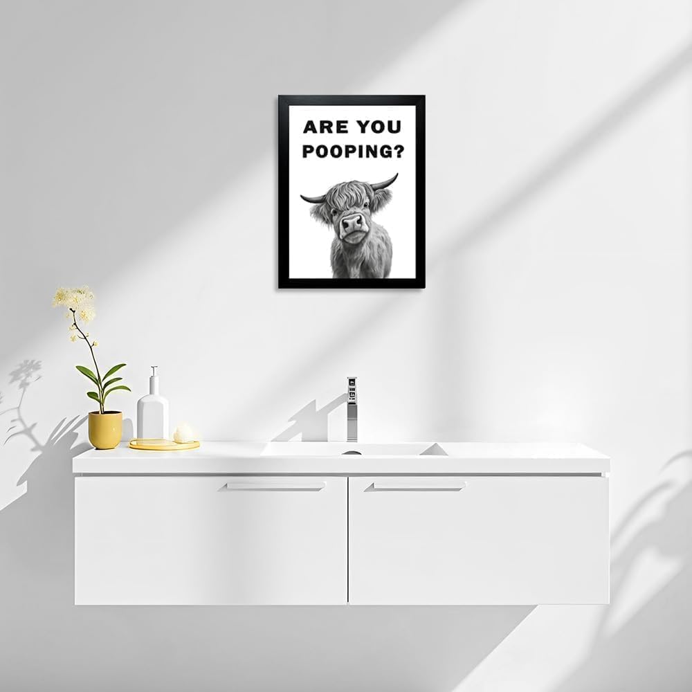Funny Bathroom Wall Art – Are You Pooping Black and White Highland Cow Canvas, Framed Humor Print for Toilet Decor (Cow Are You Pooping, 10"L x 8"W, Framed)