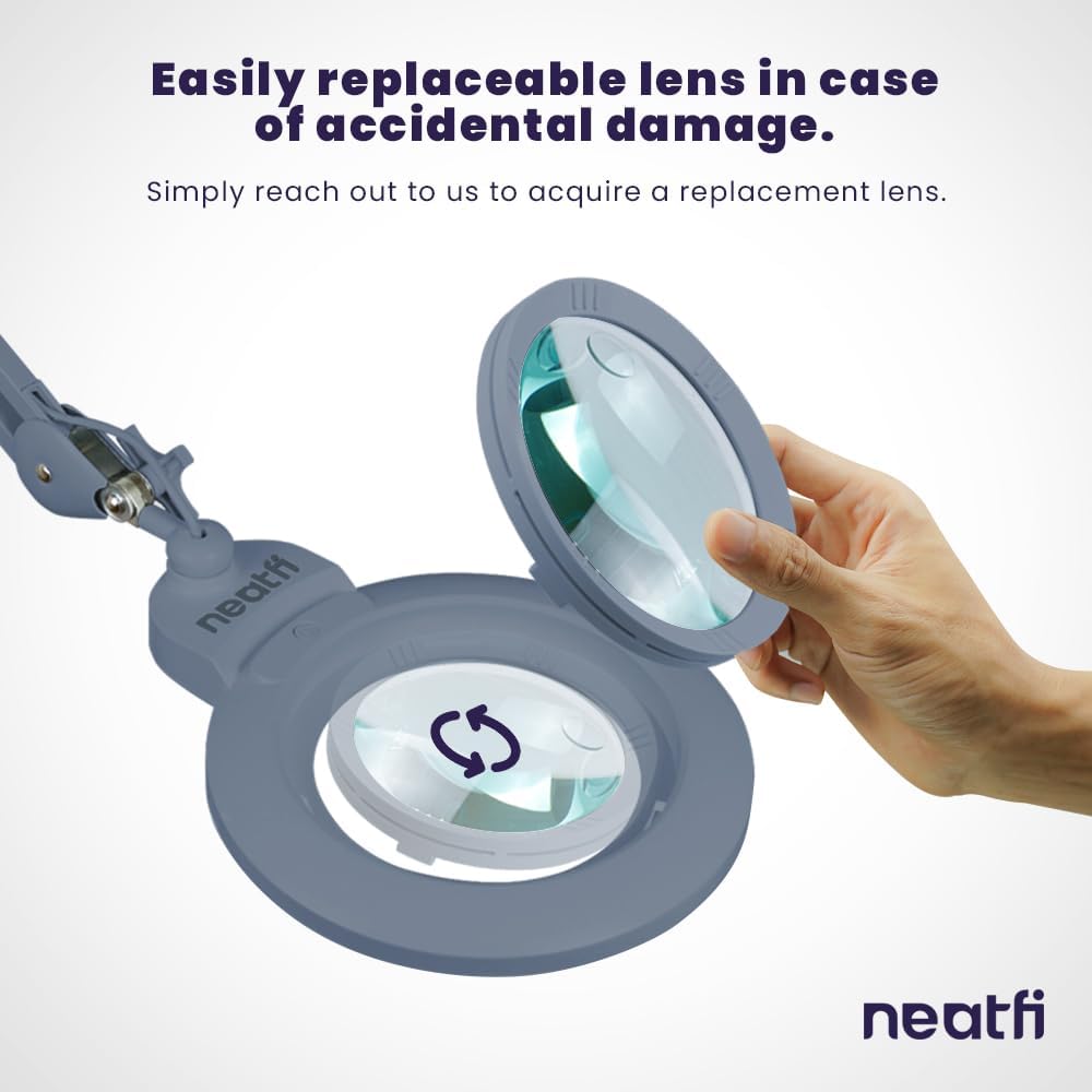 Neatfi XL Bifocal LED Magnifying Lamp, 7-Inch Acrylic Lens, 5D/20D Magnification, Hands-Free, Dimmable, 84 SMD LED, Adjustable Arm for Crafts, Reading, Close Work (Gray, with Clamp)