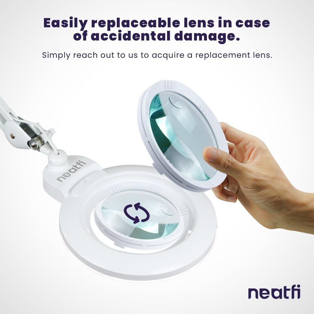 Neatfi XL Bifocal LED Magnifying Lamp, 7-Inch Lens, 5D/20D Magnification, Hands-Free, Dimmable, 84 SMD LED, Adjustable Arm for Crafts, Reading, Close Work (White, Glass Lens with Clamp)