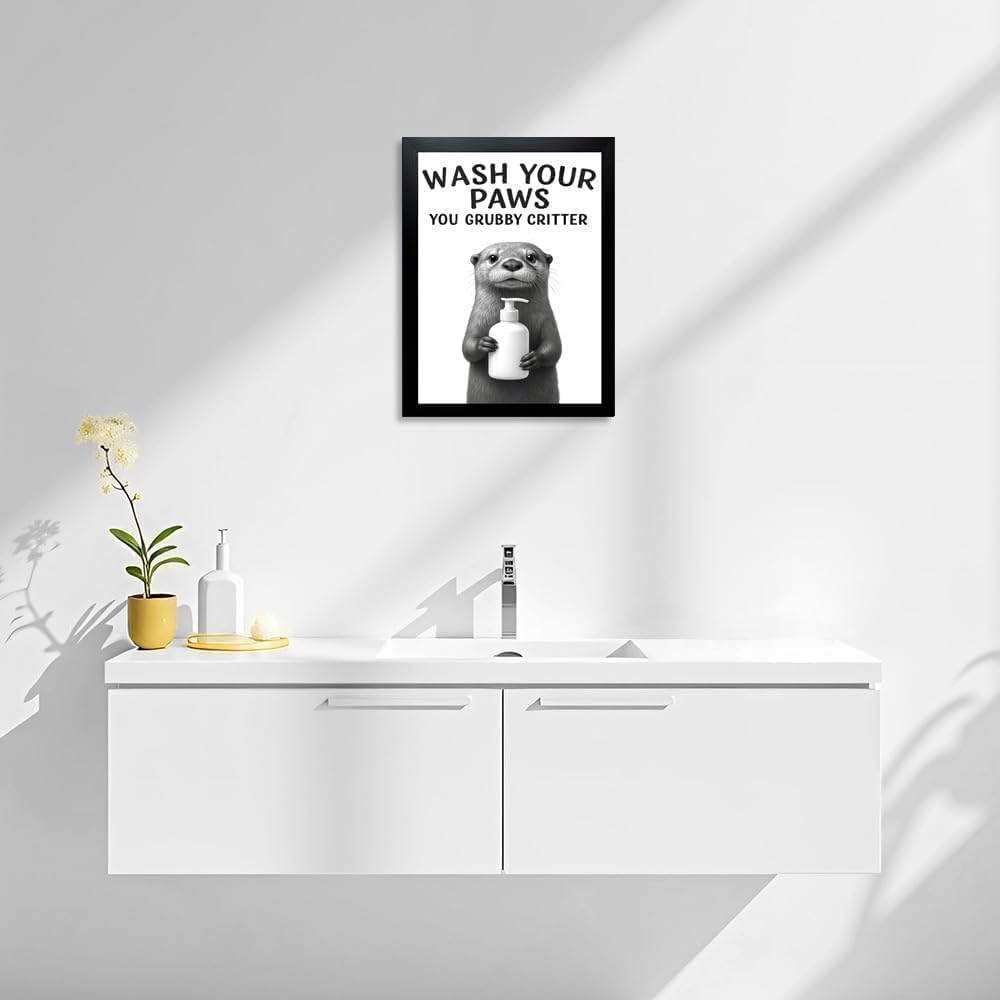 Funny Bathroom Wall Art - "Wash Your Paws" Black and White Framed Otter Print - Instant Ready to Hang Bathroom Wall Decor (Otter, 10"L x 8"W, Framed)