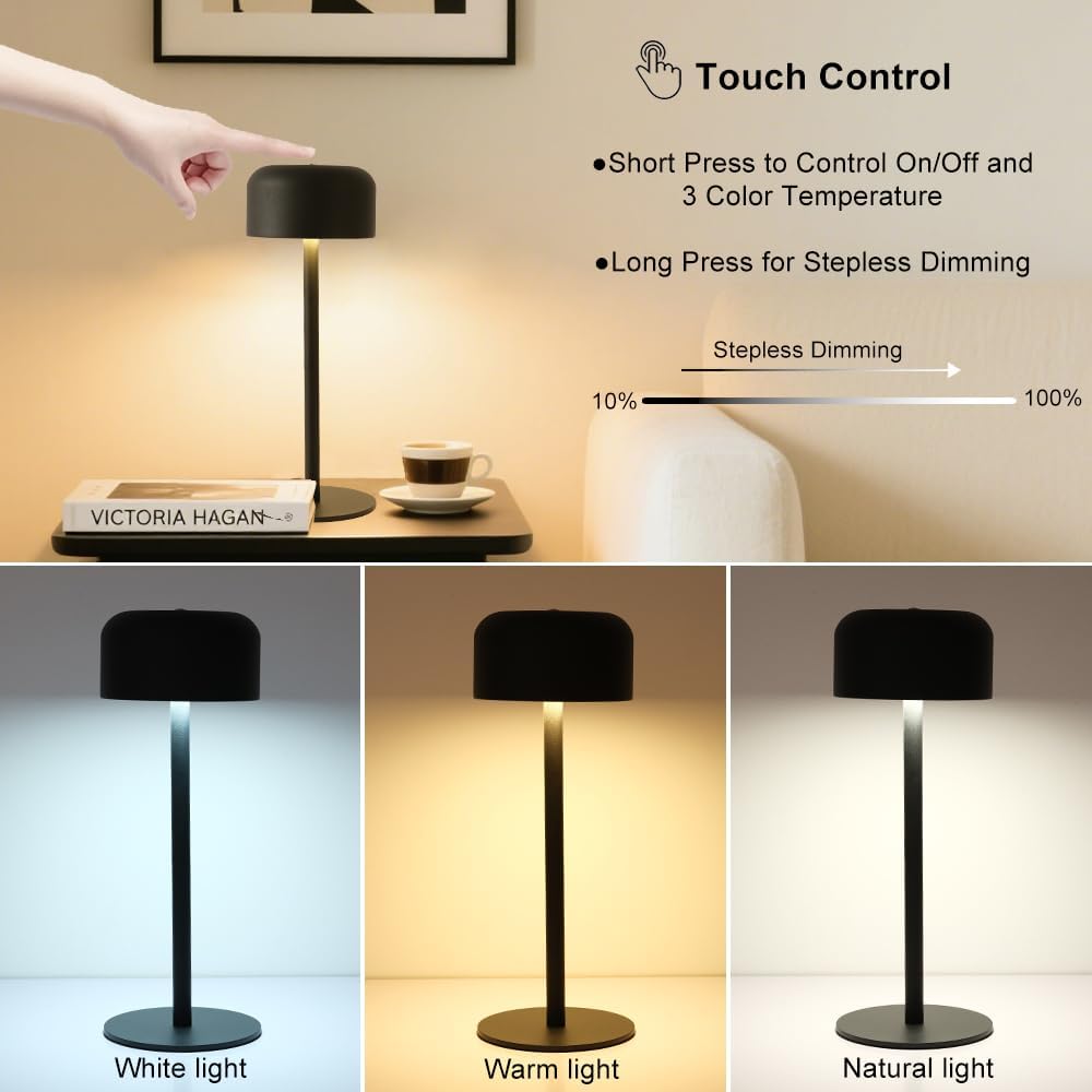 2 Pack Rechargeable Cordless Table Lamp, Portable 6000mAh Battery Table Light, 3 Color Stepless Dimming LED Table Lights with Memory Function, for Outdoor/Restaurant/Bedside/Patio(Black)