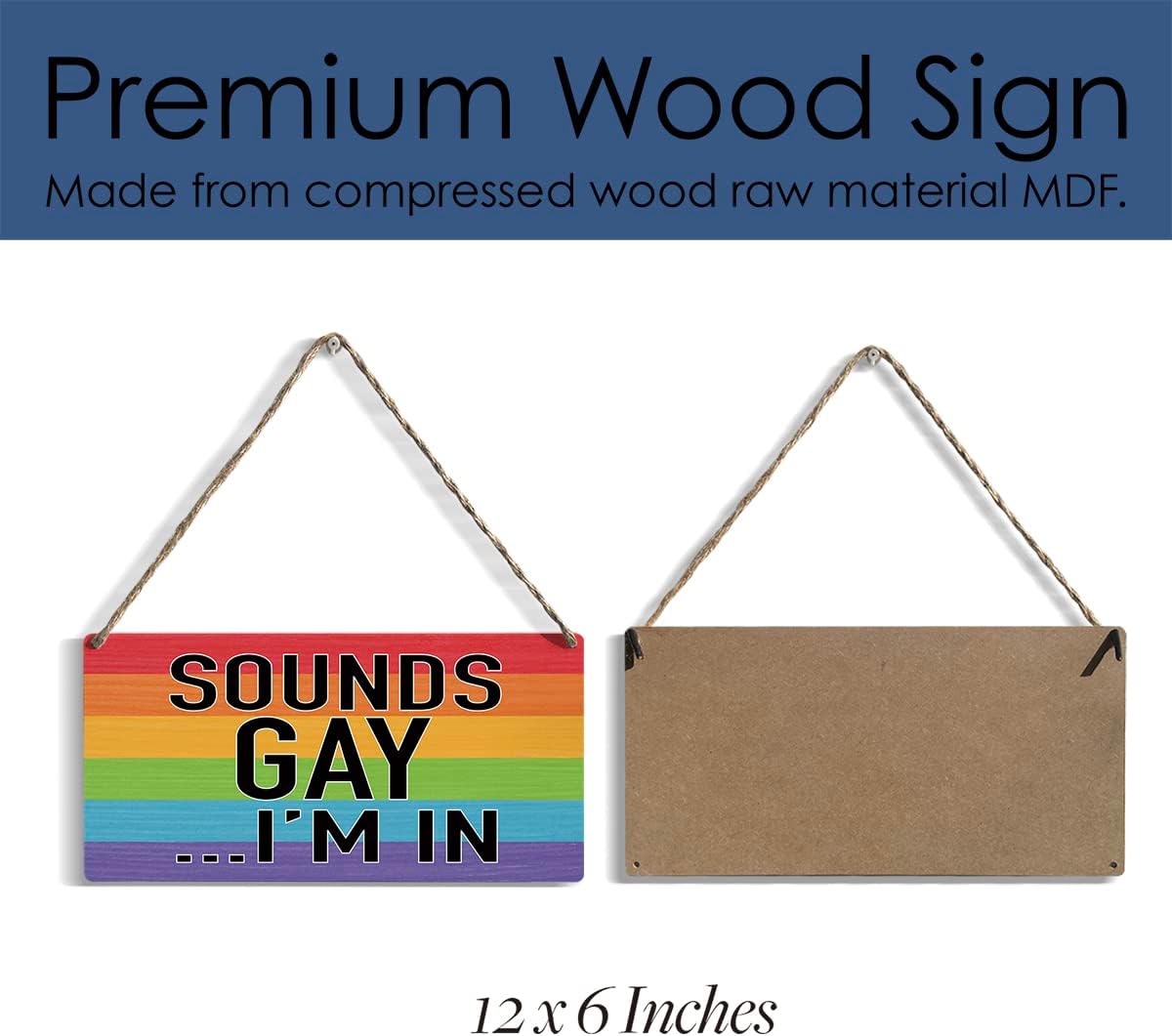 Sounds Gay I'm in Wood Sign Rustic Gay Pride Rainbow Wooden Hanging Plaque for Home Wall Art Decoration 6 x 12 Inches Present