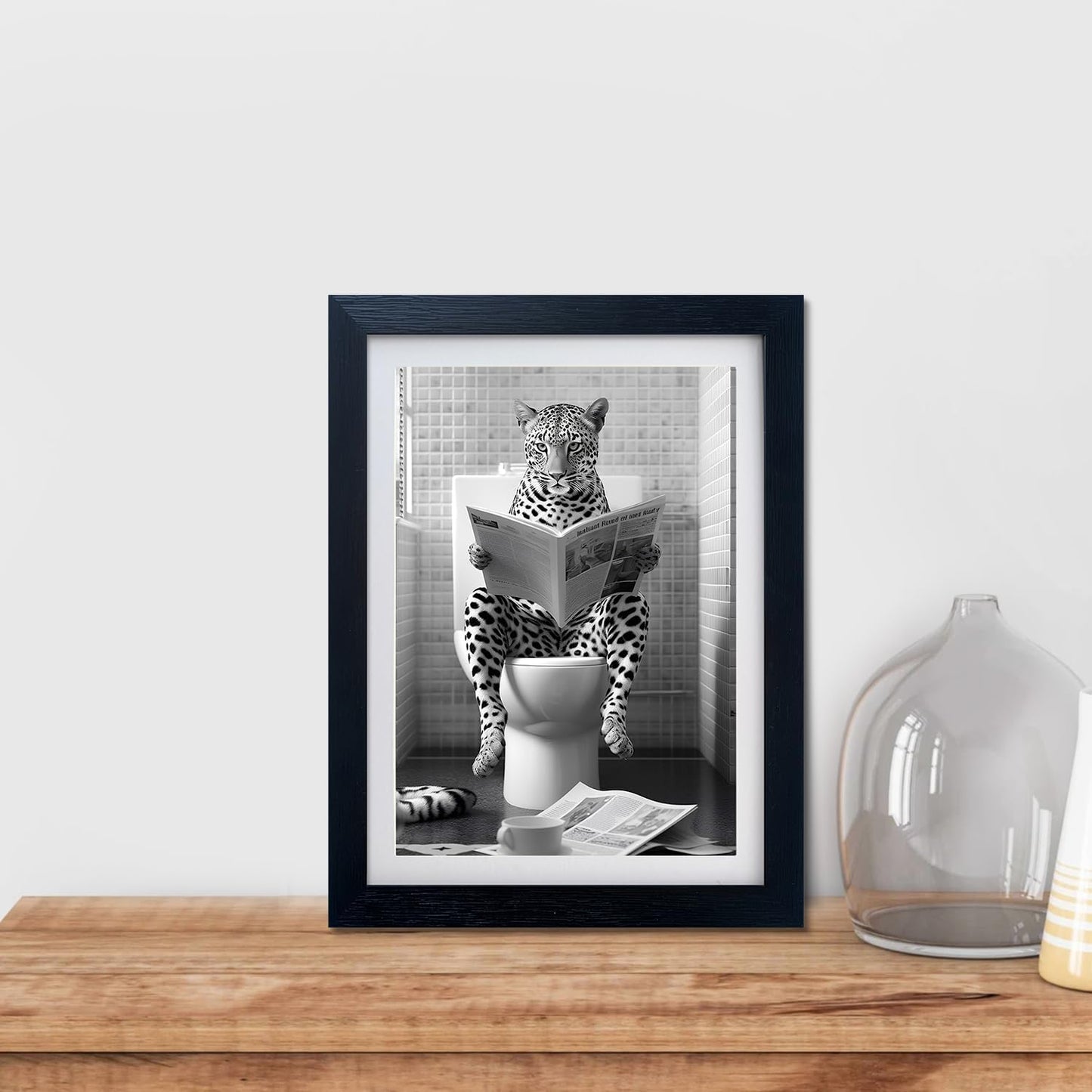 Funny Bathroom Wall Art Leopard in Toilet Decor Black and White Animal Canvas Print Kids Bathroom Picture Artwork