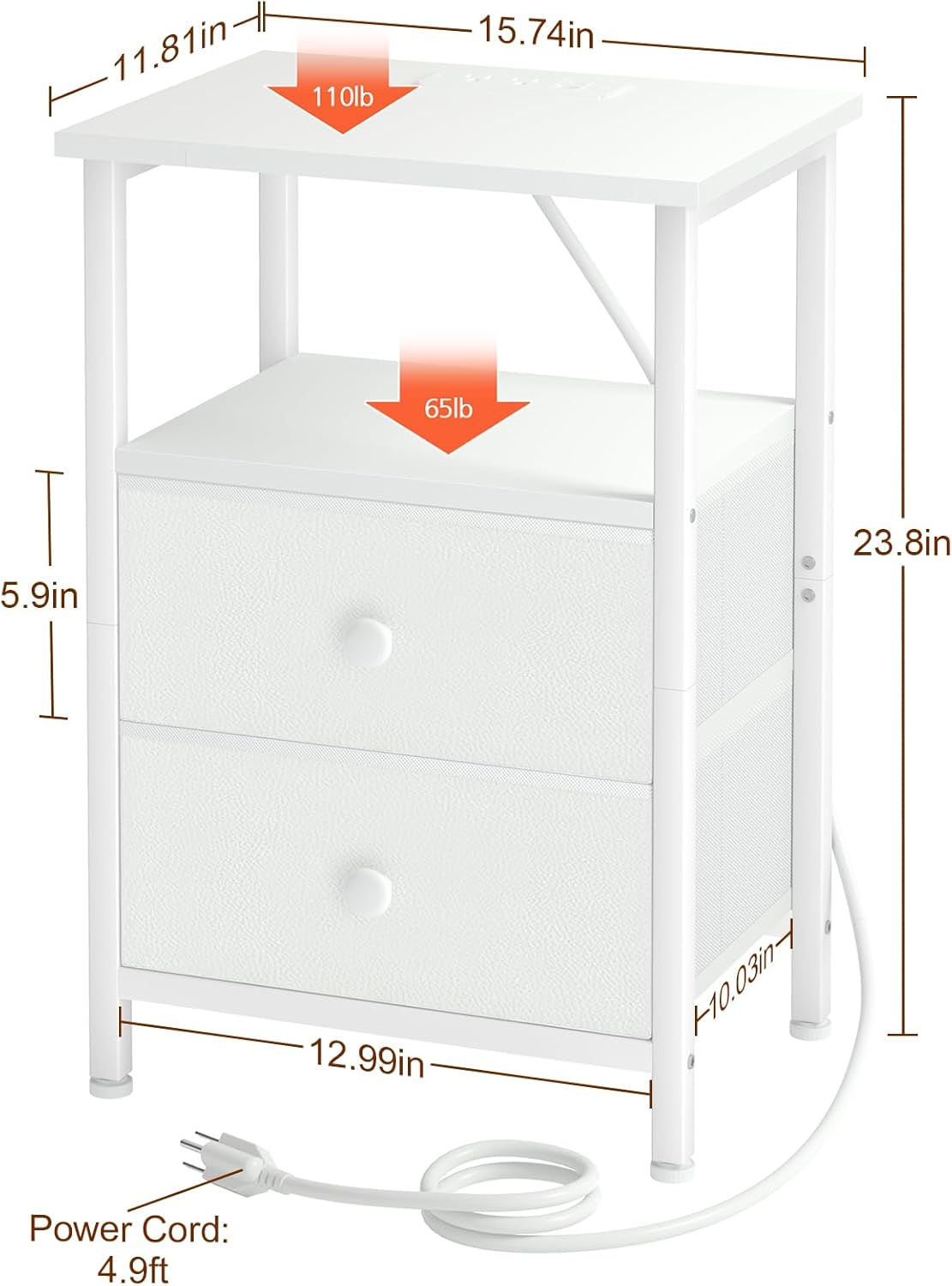 White Night Stand, Nightstand with Charging Station, End Table with Storage 2 Fabric Drawers for Bedroom, Small Bed Side Table with USB Ports and Outlets for Living Room, HETS020WT-1
