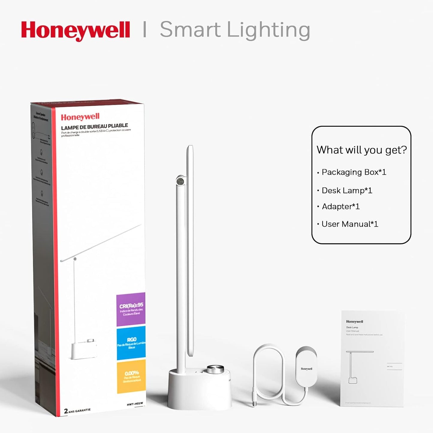 Honeywell LED Desk Lamp with USB Charging Ports - Sunturaluxโข HWT-H01 Stepless Dimmable Eye Caring Table Lamp for College Dorm Home Office, Foldable Small Bedside Lamp for Bedroom with Base White