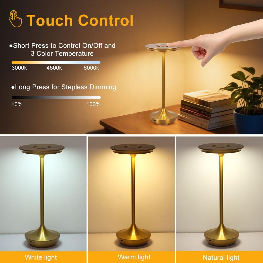 EJQ Rechargeable Cordless Table Lamp, 6000mAh Battery Operated LED Table Lights,Touch Control - 3 Color Dimmable for Bedroom, Patio, Cofee, Outdoor,Dining Home,Restaurant&Living Room-Gold