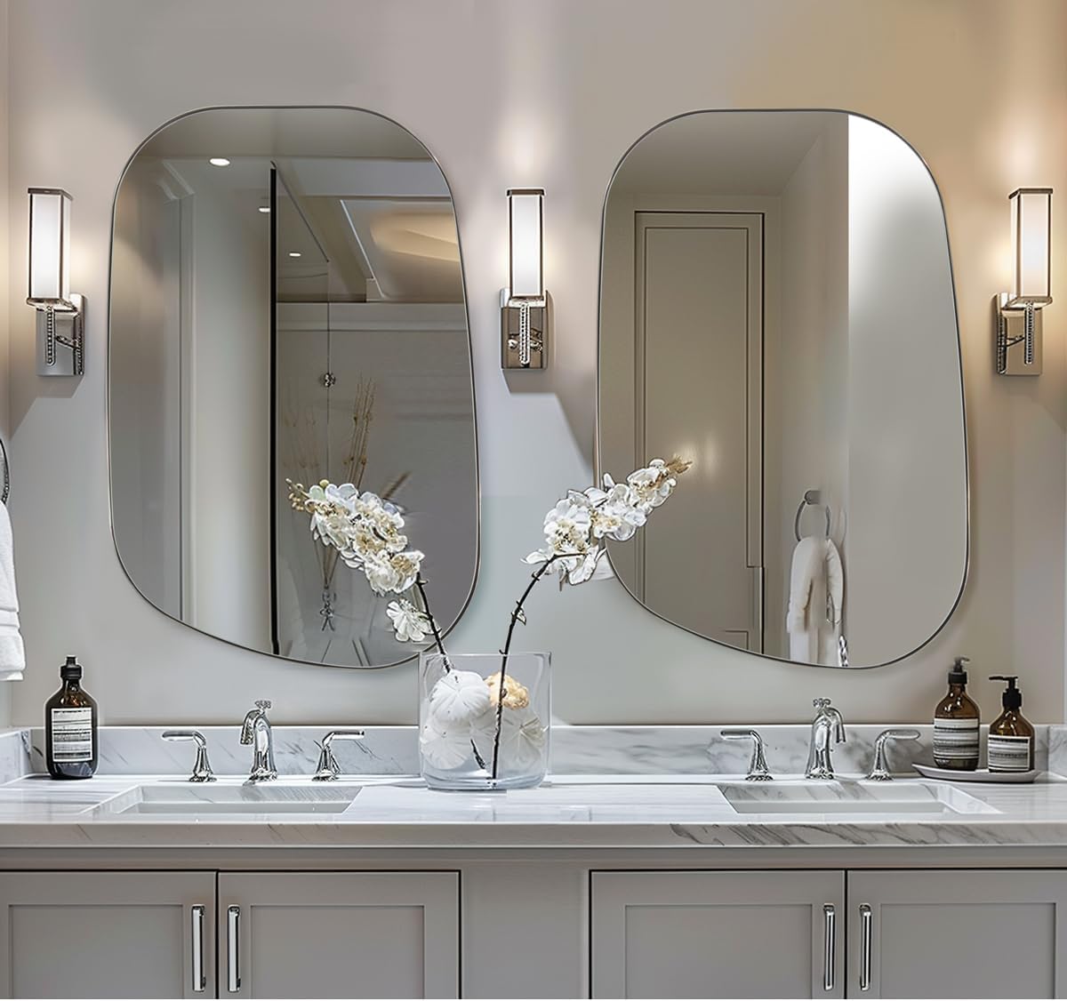 ANDY STAR 22"x30" Chrome Bathroom Mirror, Irregular Wall Mirror in Stainless Steel Metal Frame, Modern Polished Chrome Finish with Curved Edge Design, Wall-Mount Vertically or Horizontally