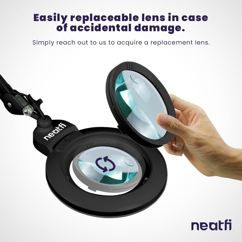 Neatfi XL Bifocal LED Magnifying Lamp, 7-Inch Acrylic Lens, 5D/20D Magnification, Hands-Free, Dimmable, 84 SMD LED, Adjustable Arm for Crafts, Reading, Close Work (Black, with Base)