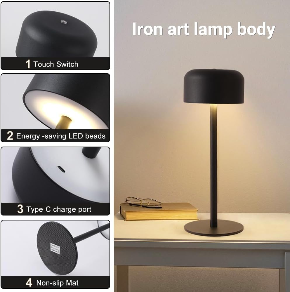 LED Cordless Table Lamp, Portable 5000mAh Outdoor Table Light, 3 Color Stepless Dimming BedsideTable Lamps with Memory Function, Rechargeable Battery Lamp For Kitchen/Dinner/Patio/Restaurant(Black)