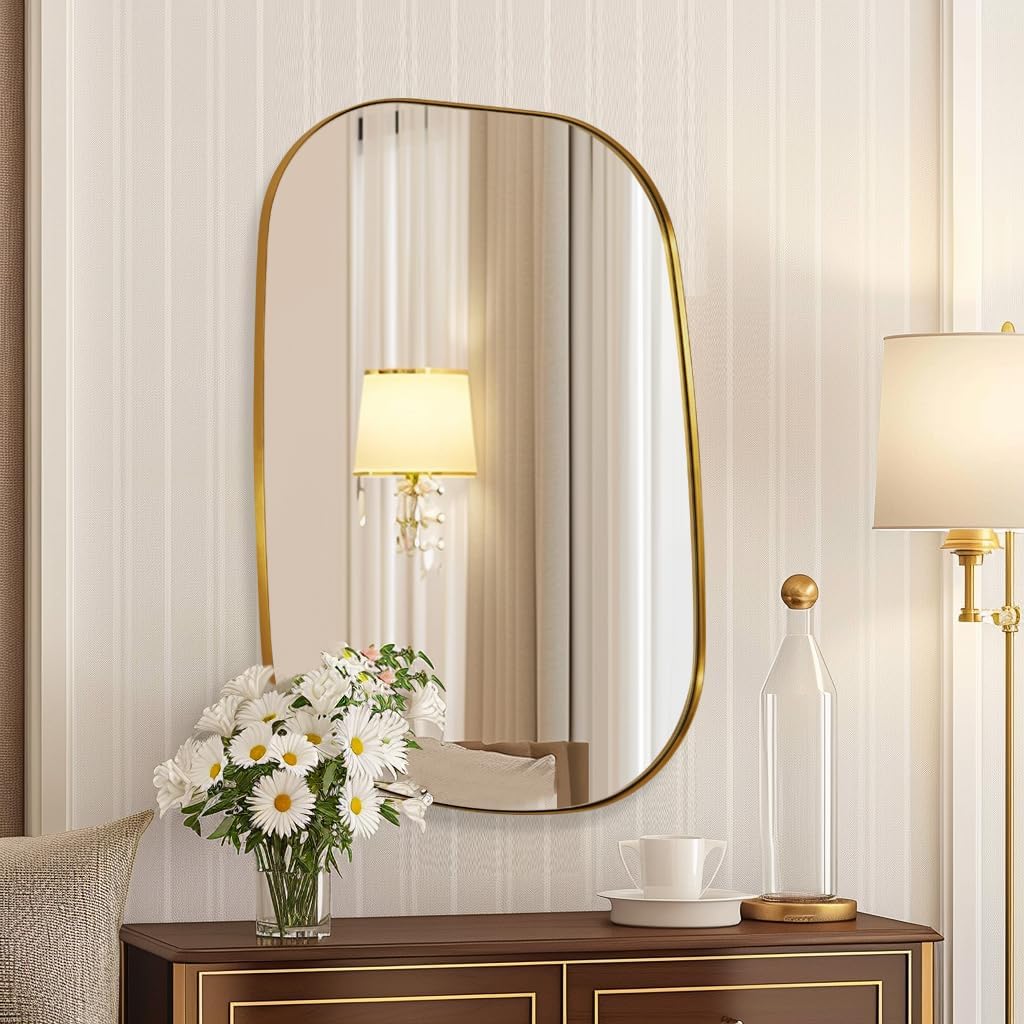 ANDY STAR Gold Bathroom Mirror, 22"x30" Brushed Brass Asymmetrical Wall Mirror in Stainless Steel Metal Frame, Unique Vanity Mirror with Modern Curved Design, Ideal for Bathroom, Bedroom, Entryway