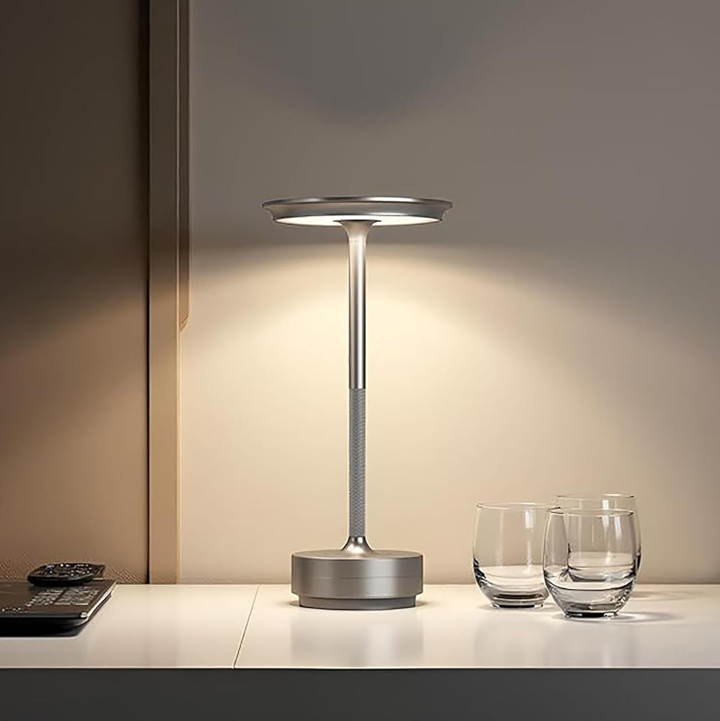 Rechargeable Cordless Table Lamps, 5000mAh Portable LED Table Light, 3 Color Stepless Dimming Battery Powered Metal Table Lamp for Outdoor Patio/Bedroom/Restaurant.(Silver)