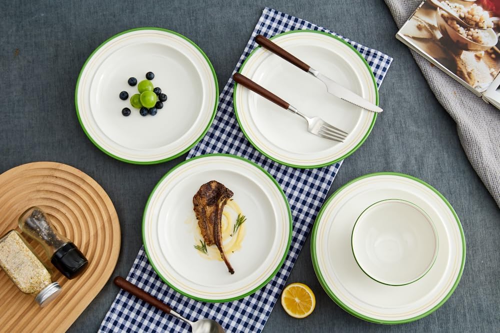 10.5-inch Porcelain Dinner Plate Set of 6 - Microwave, Oven and Dishwasher Safe, Scratch Resistant. (Cozy Green)