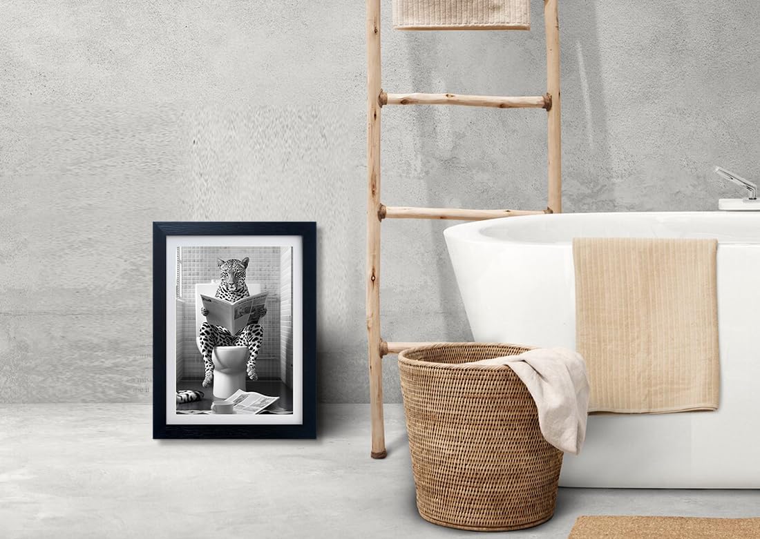 Black and White Bathroom Wall Art Leopard in Toilet At Funny Kids Bathroom Decor Cute Animal Canvas Print Painting Picture Artwork