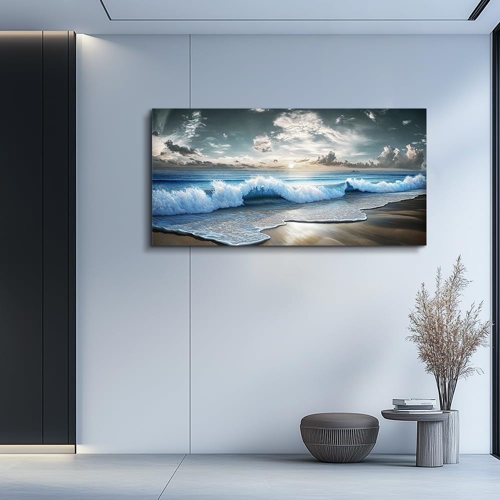 MHARTK66 Blue Ocean Canvas Wall Art Large Paintings For Living Room Landscape Nature Artwork For Walls Wall Decor For Bedroom Beach Pictures Wall Art Modern Office Waves Poster Decorations 24x48