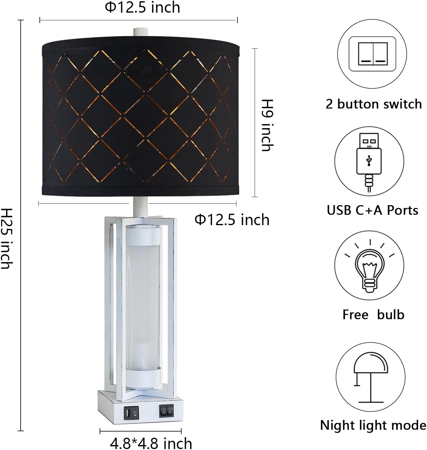 RORIANO 25" Set of 2 Farmhouse Table Lamps with USB C+A Ports, Rustic Retro Nightstand Lamps with White Night Light, Black Grid Shade, Desk Lamps for Bedroom Bedside, 4 Bulbs Included
