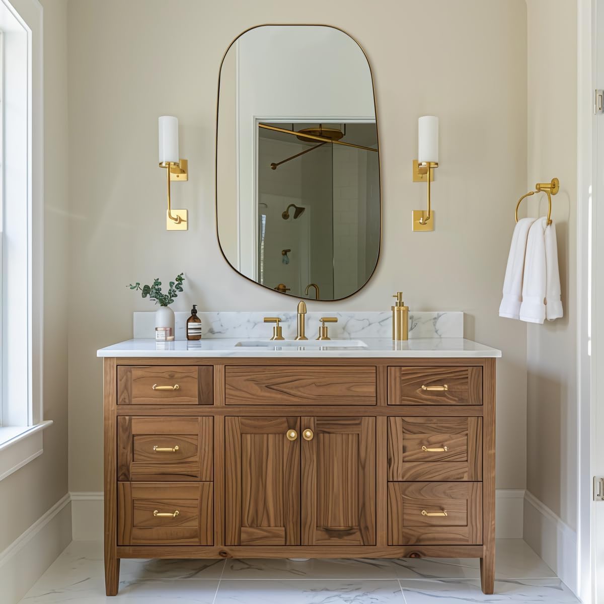 ANDY STAR 24"x40" Asymmetrical Wall Mirror,Brushed Gold Irregular Bathroom Mirror with Stainless Steel Metal Frame, Wall-Mounted Mirror for Bathroom, Entryway (Horizontal/Vertical)