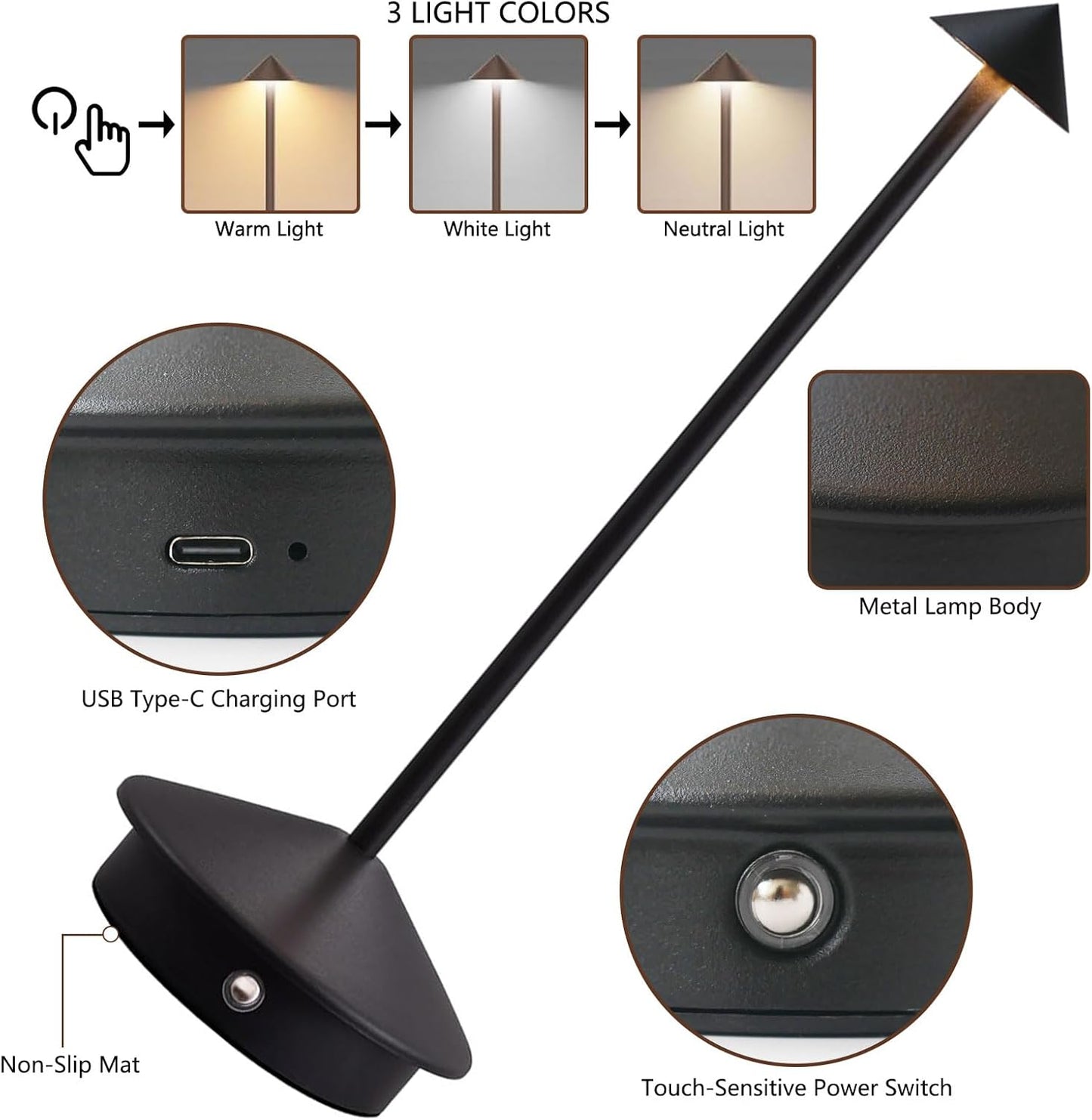 2 Pack Cordless LED Table Lamp, Rechargeable 5200mAH Battery Operated Lamp for Decor, 3 Color Stepless Dimming Desk Lamps, for Restaurant, Bedroom, Outdoor Camping, Coffee Shop, Night Light