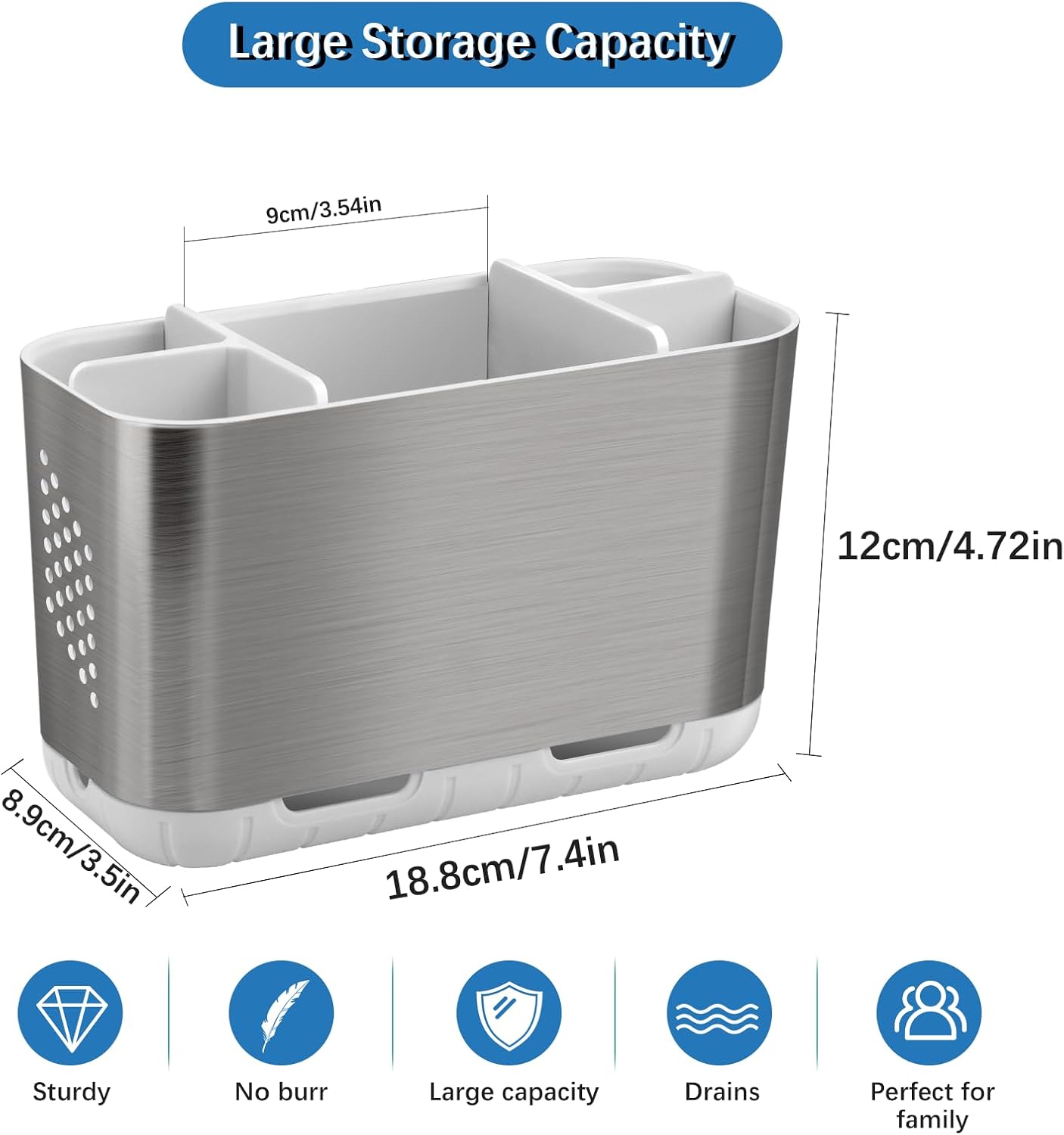 Toothbrush Holders for Bathroom Organizer Countertop, Detachable Anti-Slip Large Electric Toothbrush Holders, Brushed Nickel Toothbrush and Toothpaste Storage Caddy Drainage for Family, Kids