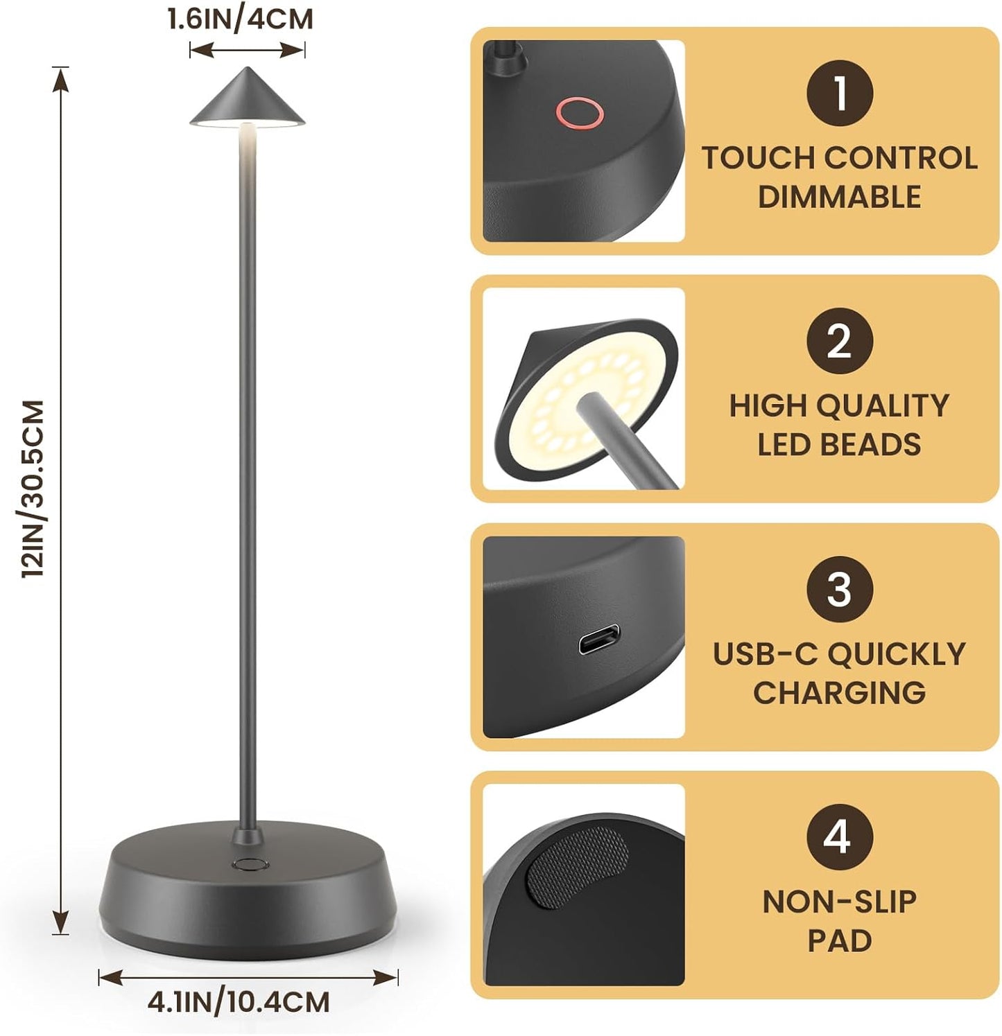Cordless Table Lamps Rechargeable, 6000mAh LED Battery Operated Desk Lamp, Portable Outdoor Waterproof Touch Stepless Dimmable Wireless Table Light for Dining Restaurant Home Patio (Grey-2PC)