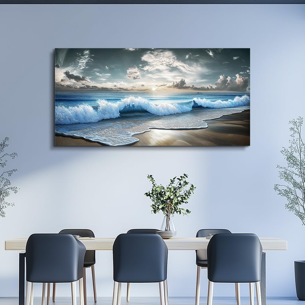 MHARTK66 Blue Ocean Canvas Wall Art Large Paintings For Living Room Landscape Nature Artwork For Walls Beach Wall Decor For Bedroom Wall Art Waves Pictures For The Dining Room Easy Hanging 20x40
