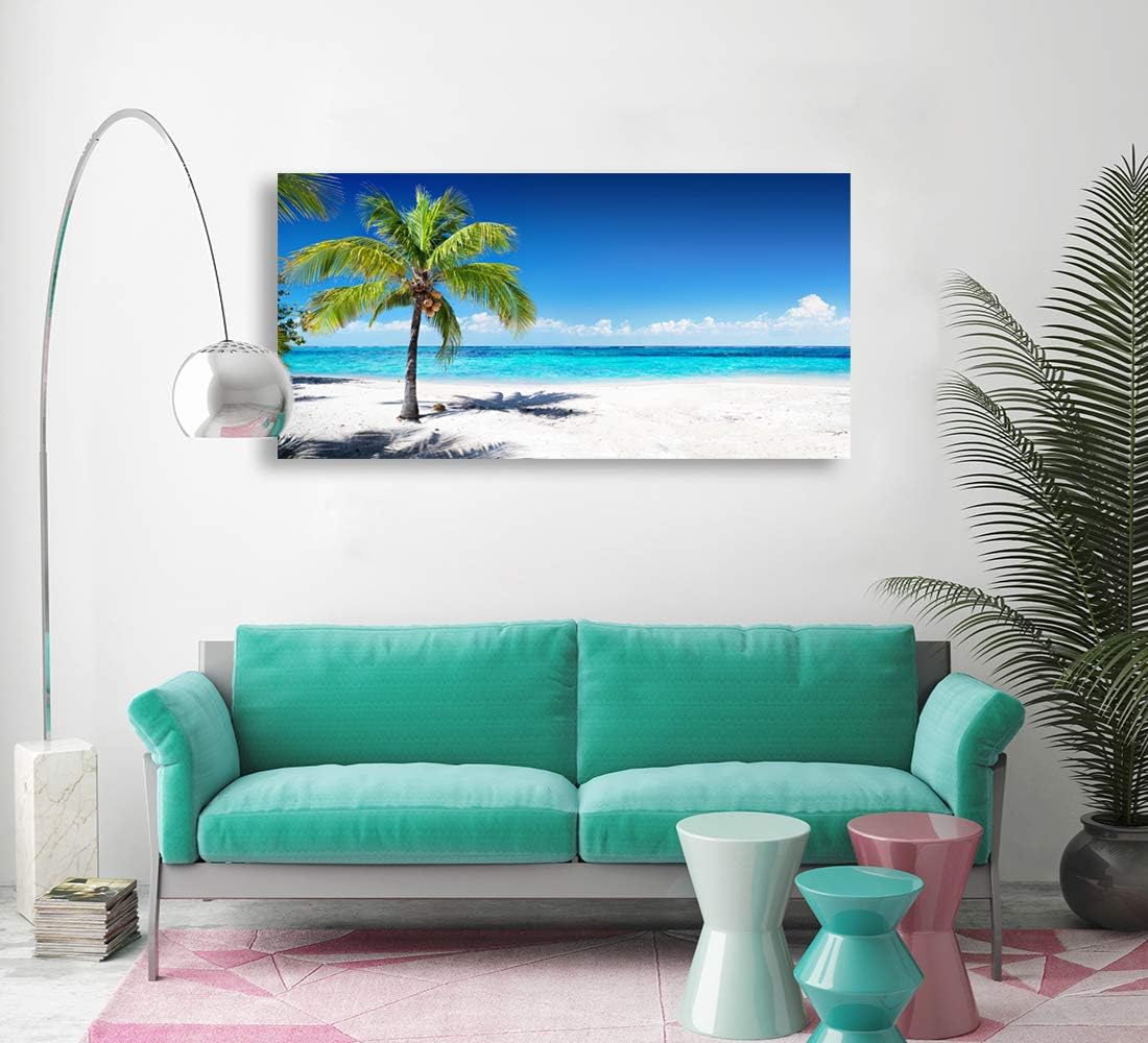 Baisuart-Large Canvas Wall Art Summer Ocean Waves Coconut Trees on Sands Beach Seascape Painting Sea Nature Pictures for Living Room Home Office Wall Decor Artwork