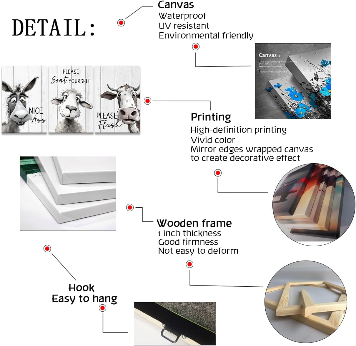 Mistyefly Funny Bathroom Quote Canvas Wall Art with Built-in Wooden Frame - Funny Animal Wall Art & Cow Sheep Donkey Pictures for Bathroom - Lightweight, Ready to Hang, 24x36x3 Inches