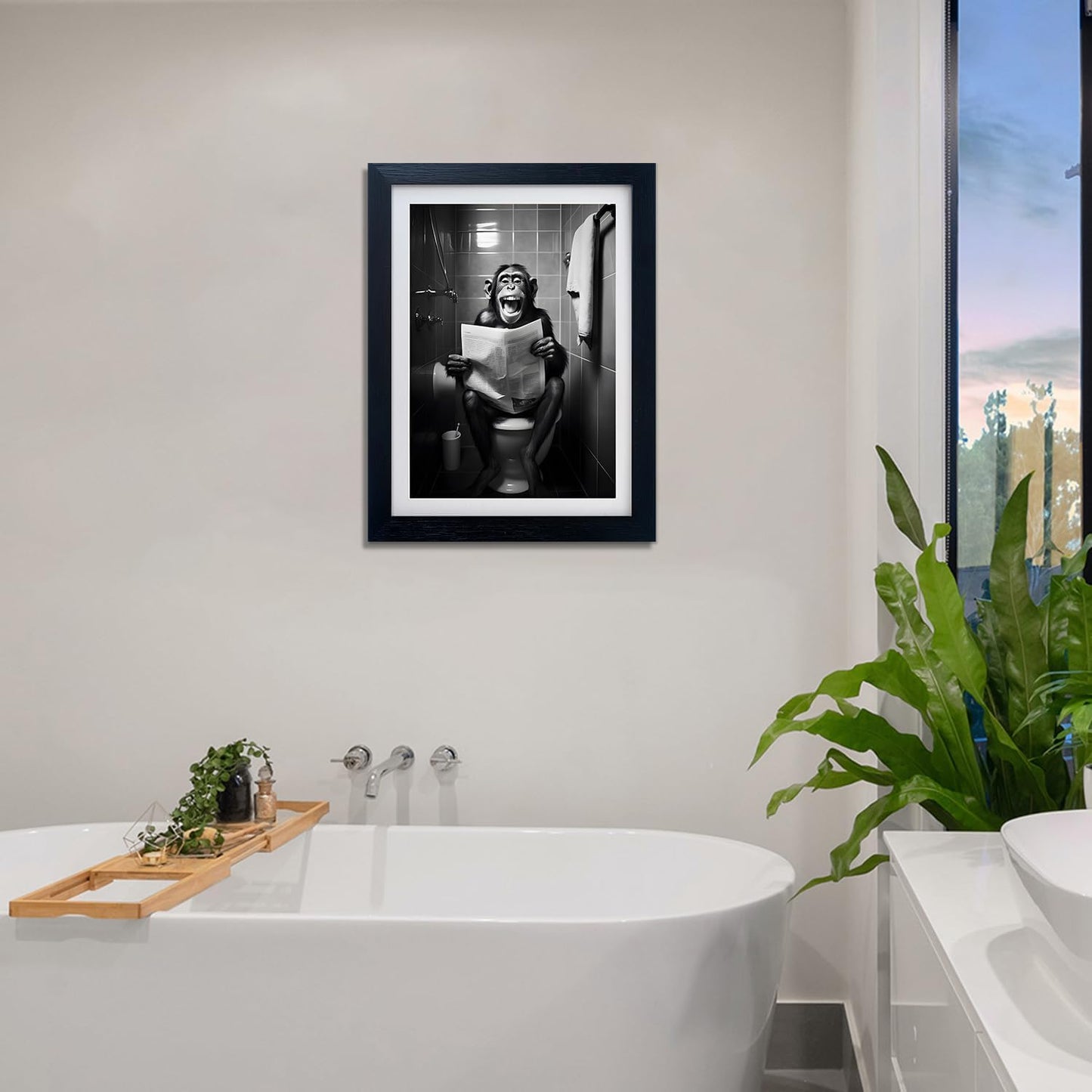 Framed Black and White Animal Bathroom Canvas Wall Art Monkey Reading Newspaper Toilet Humor Decor Funny Bathroom Sign Wall Decor