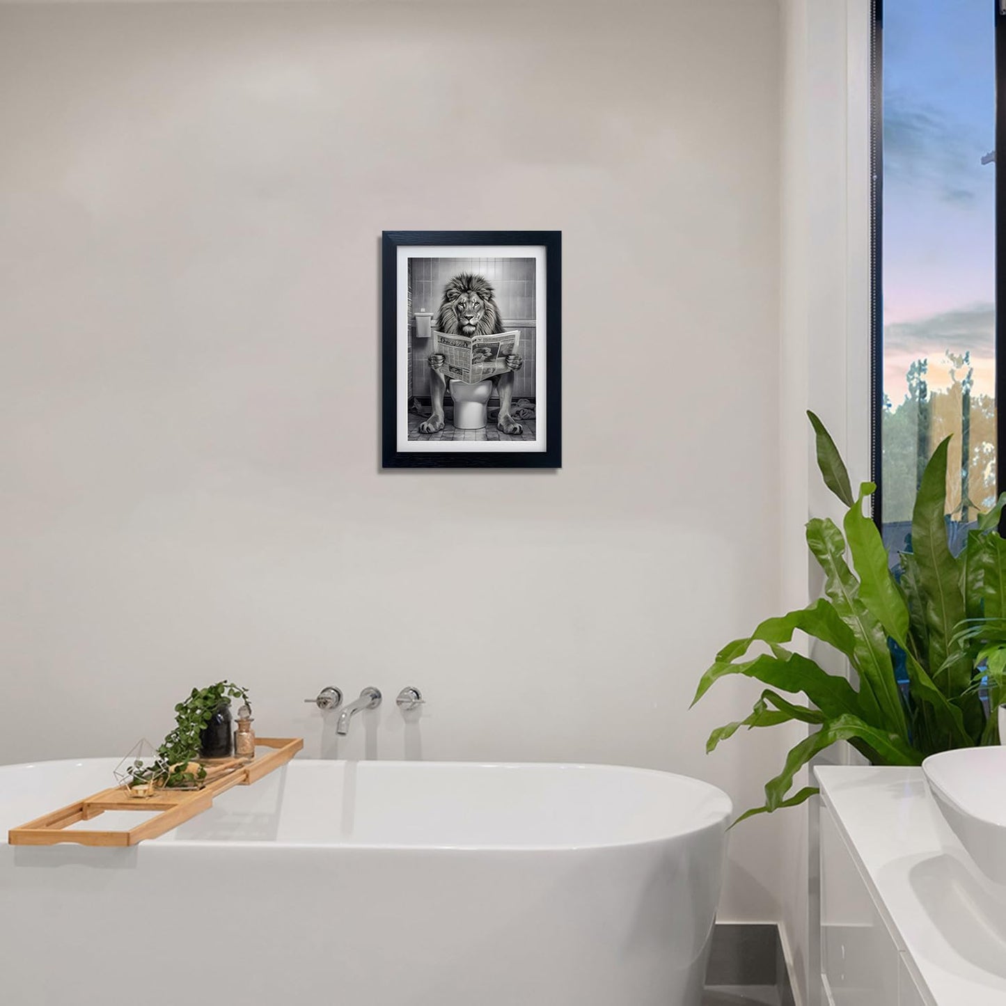 Black and White Bathroom Decor Lion in Toilet Picture Funny Bathroom Wall Art Animal Canvas Print Artwork