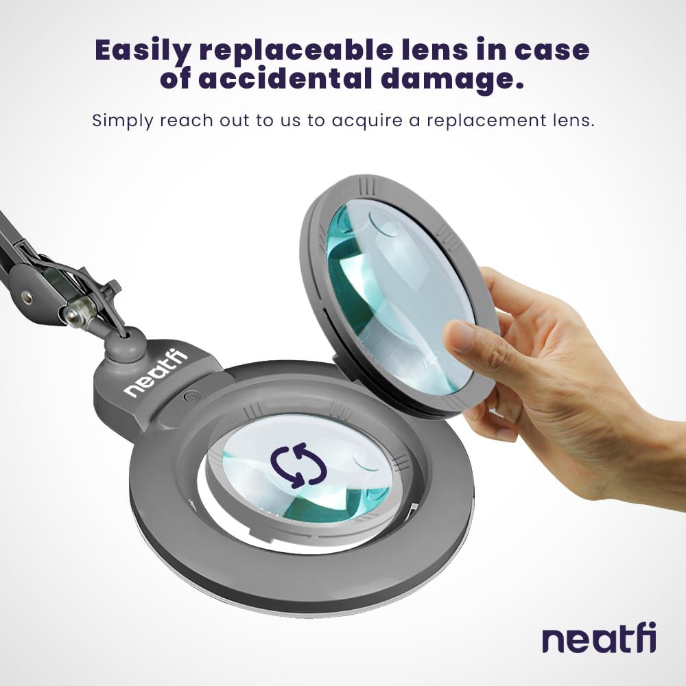 Neatfi XL Bifocal LED Magnifying Lamp, 7-Inch Acrylic Lens, 5D/20D Magnification, Hands-Free, Dimmable, 84 SMD LED, Adjustable Arm for Crafts, Reading, Close Work (Silver, with Clamp)