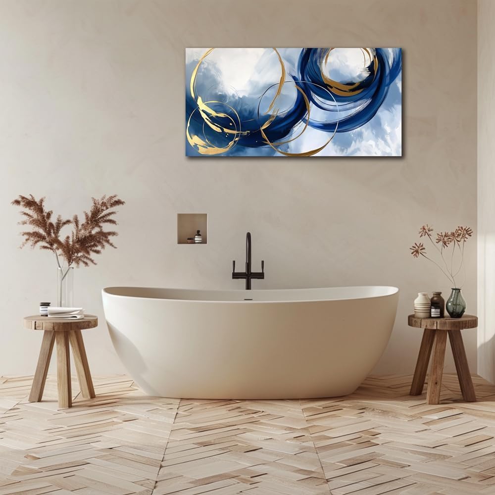 Abstract Wall Art Nave Blue Modern Canvas Pictures Art Print Gold Contemporary Artwork Painting Decor for Living Room Bedroom Home Office Decorations 24x48inches