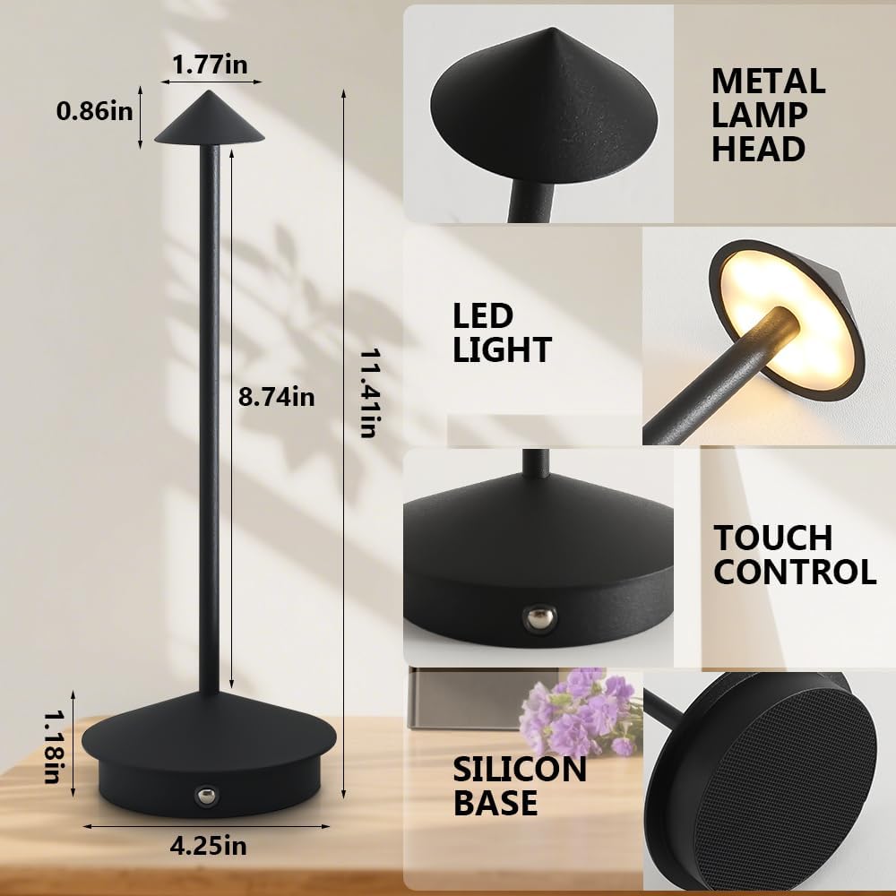 2 Pack LED Rechargeable Cordless Table Lamps,Portable Outdoor 5000mAh Battery Operated Table Light Touch Control 3 Color Dimmable for Patio/Cofee/Restaurant/Camping/Dining/Bedroom-Black