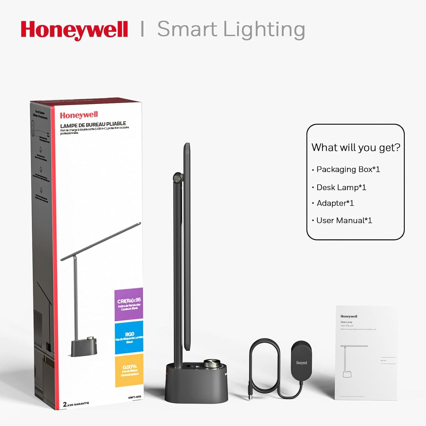 Honeywell Sunturaluxโข LED Desk Lamp with USB Charging Ports HWT-H01 - Stepless Dimmable Eye Caring Desk Light for Home Office Bedroom Bedside College Dorm, Foldable Table Lamp Reading Lamp Black