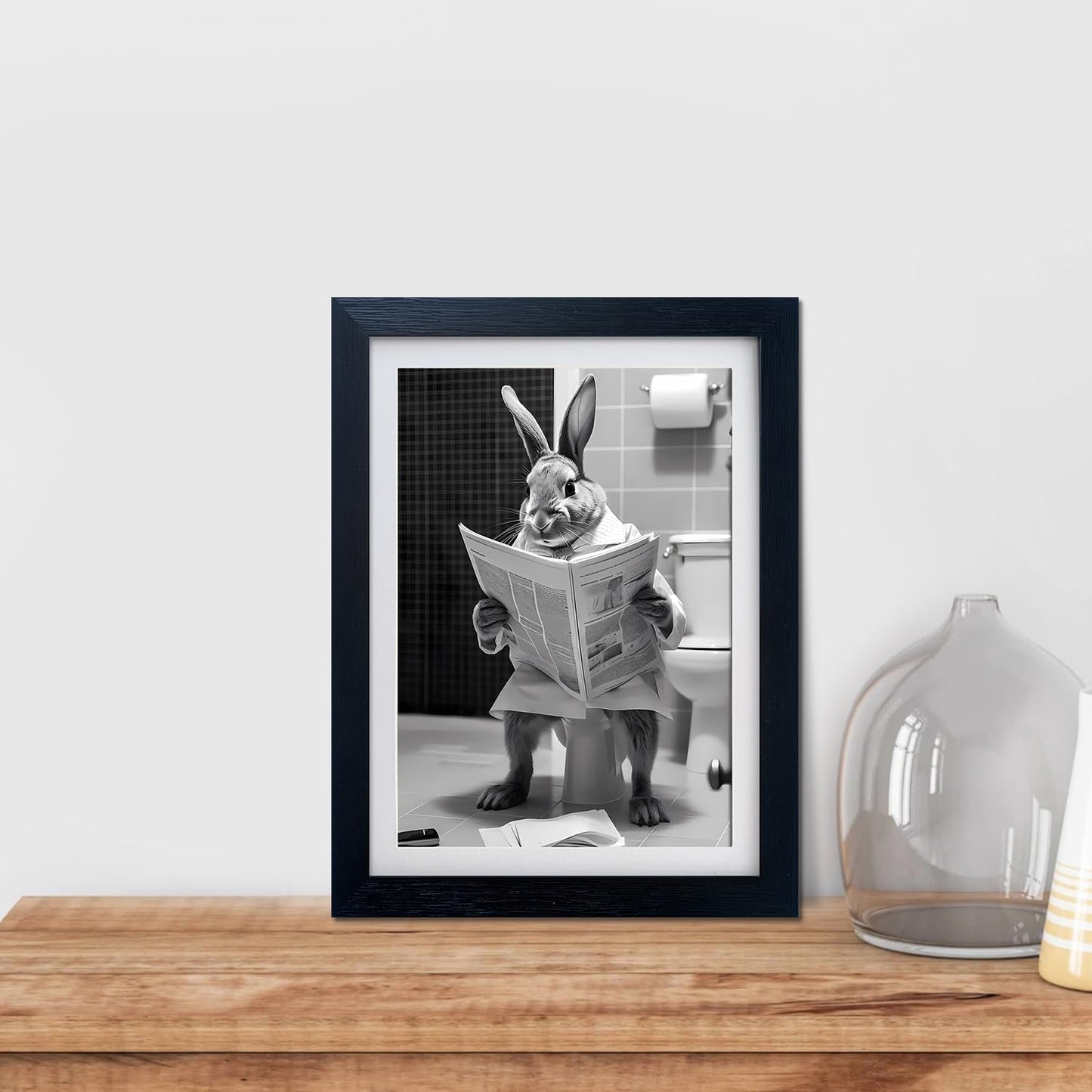 Kids Bathroom Wall Decor Cute Rabbit Reading Newspaper in the Toilet Black and White Farmhouse Animal Wall Art Framed Canvas Print Bathroom Picture Artwork