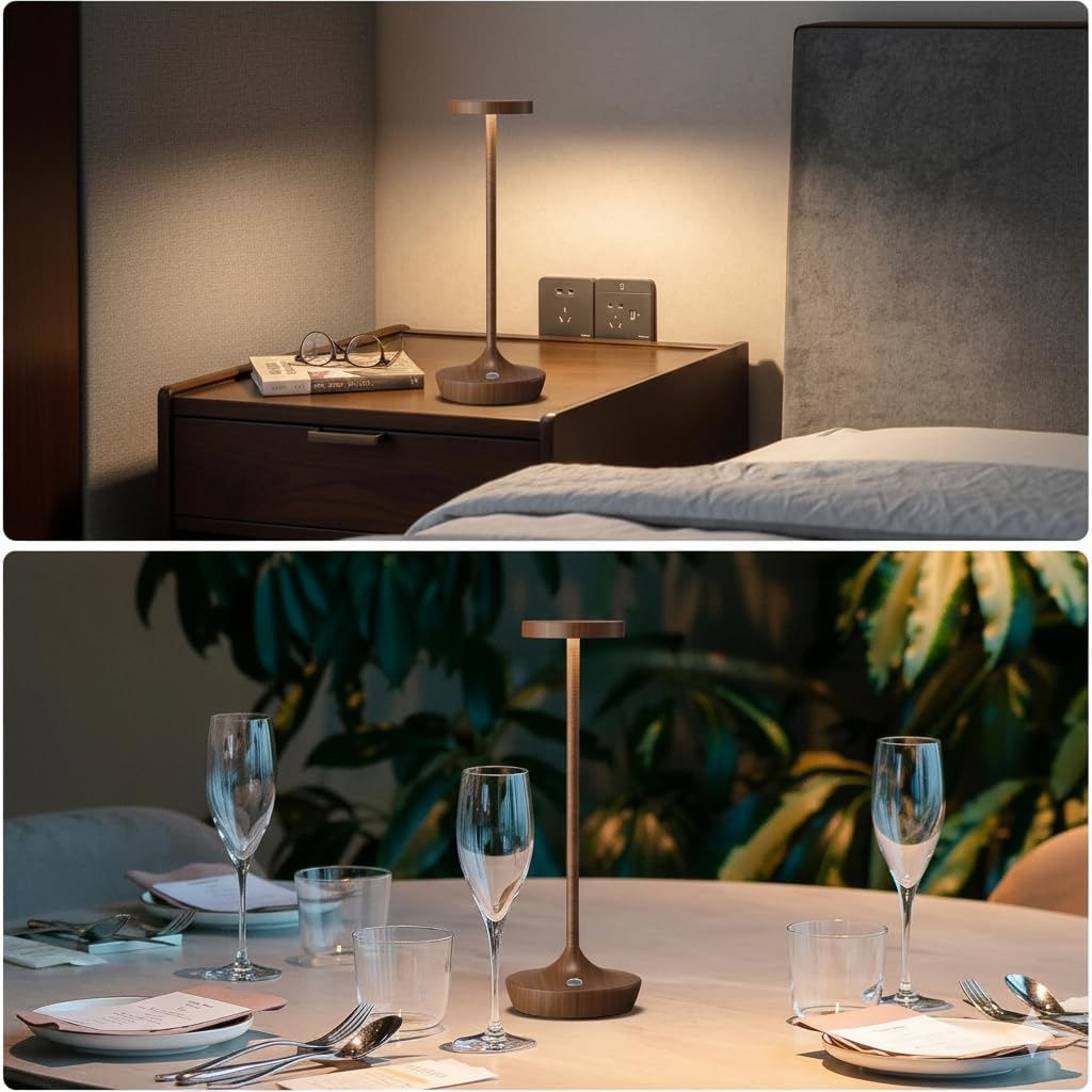 Cordless Table Lamp Rechargeable - 6000mAh LED Battery Operated Table Light - Portable Touch Dimmable Outdoor Waterproof Table Lamps for Patio Bar Restaurant Dining (2 Woodgrain)