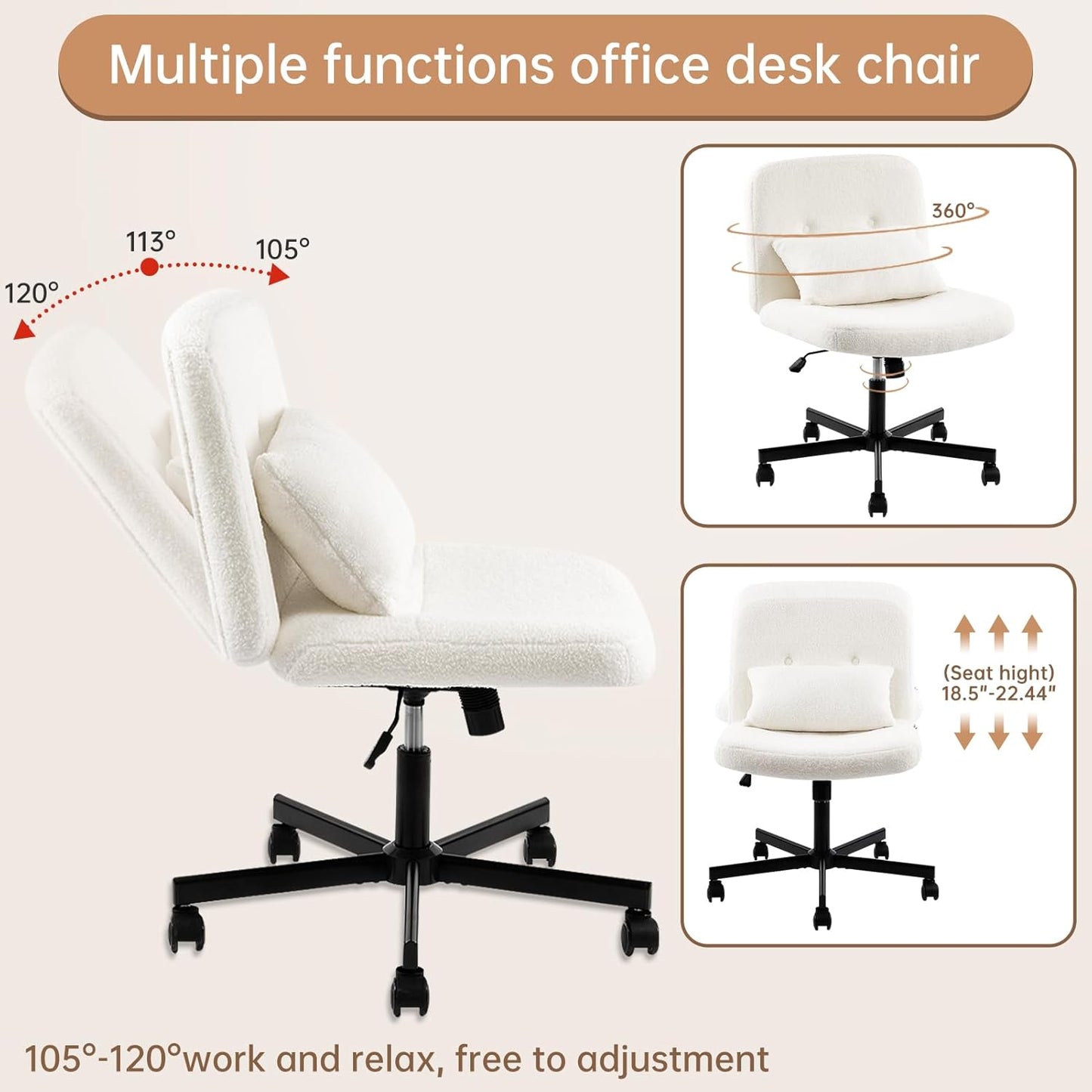 YFO Boucle Criss Cross Armless Home Office Chair with Replaceable Wheels/Fixed Base and Back Support for Living Room, Wide Seat Swivel Chair, White