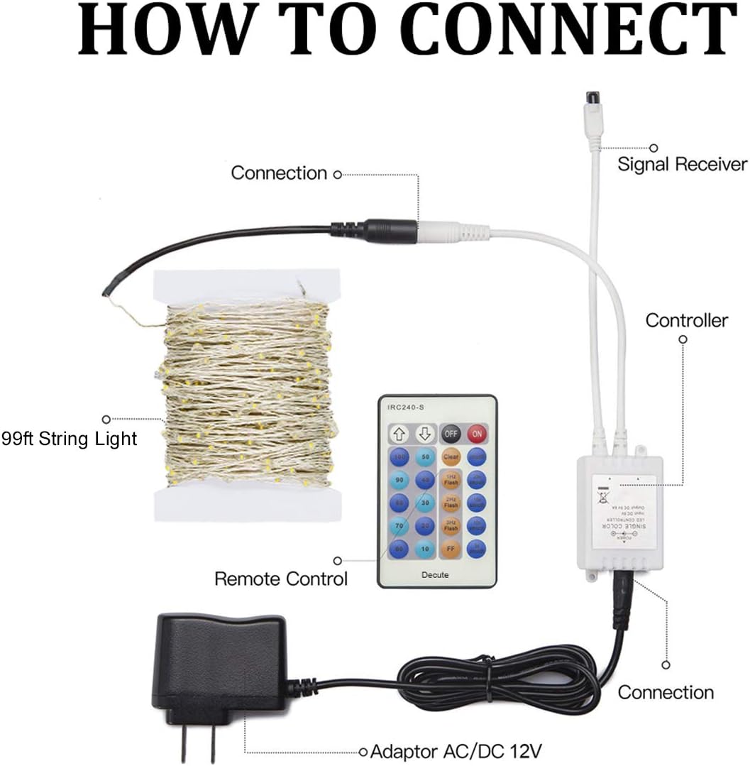 Decute 300LED Christmas Tree String Lights 99FT Silver Wire Warm White Dimmable with Remote Control, UL Cerficated Plug in Fairy Lights Decorative for Party Wedding Indoor Outdoor