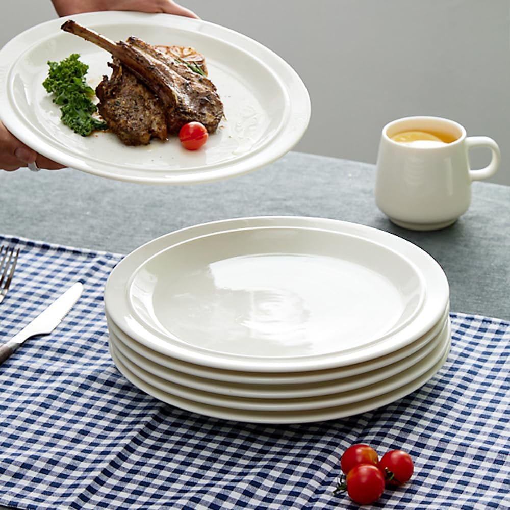 10.5-inch Porcelain Dinner Plate Set of 6 - Microwave, Oven and Dishwasher Safe, Scratch Resistant. (White)