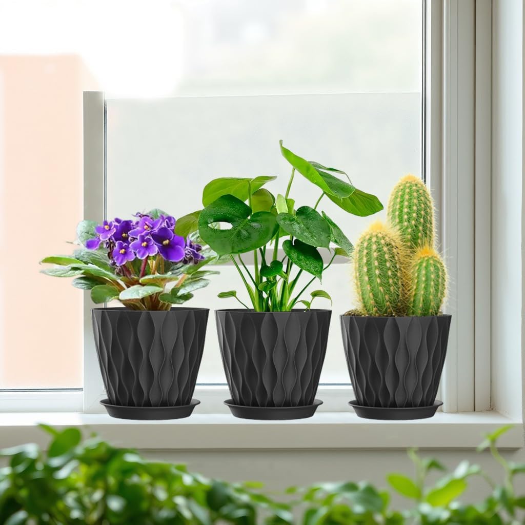 7 Inch Plant Pots Set of 5, Plastic Flower Pots with Drainage Holes and Trays, Planter Pot for Indoor Plants, Decorative Pots for Plants Indoor/Outdoor (Multicolor)