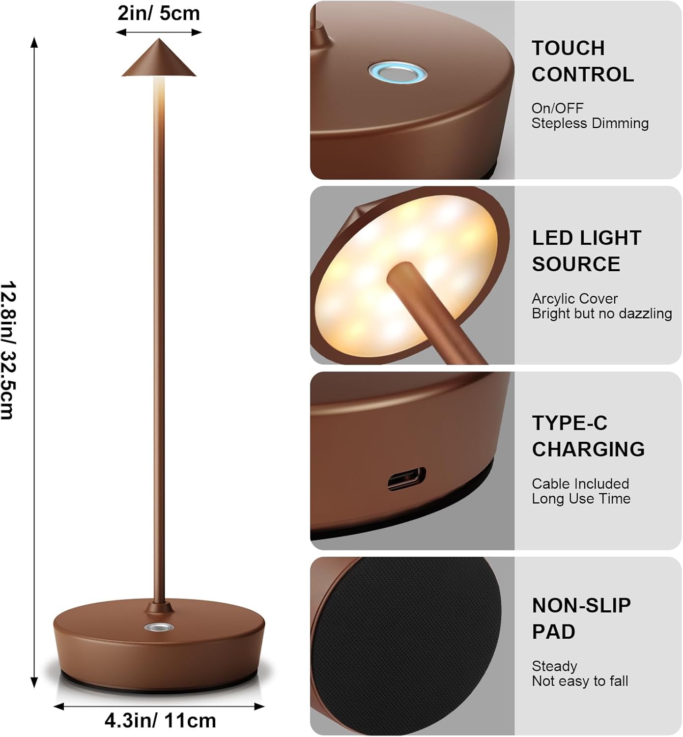 2Pack Rechargeable Cordless Table Lamp, Portable Powered LED Battery 6000mAh Metal USB Desk Lamp, 3 Levels Brightness Light for Restaurants Outdoor (2pack Coffee)