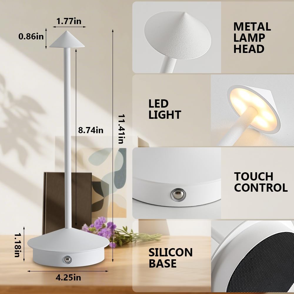 Cordless Table Lamp, 5000mAh Rechargeable Battery Powered LED Desk Lamp, Portable Touch Control Outdoor Table Lamps,3 Color Dimmable Light for Restaurant, Patio, Bedroom, Night Lamp (White)