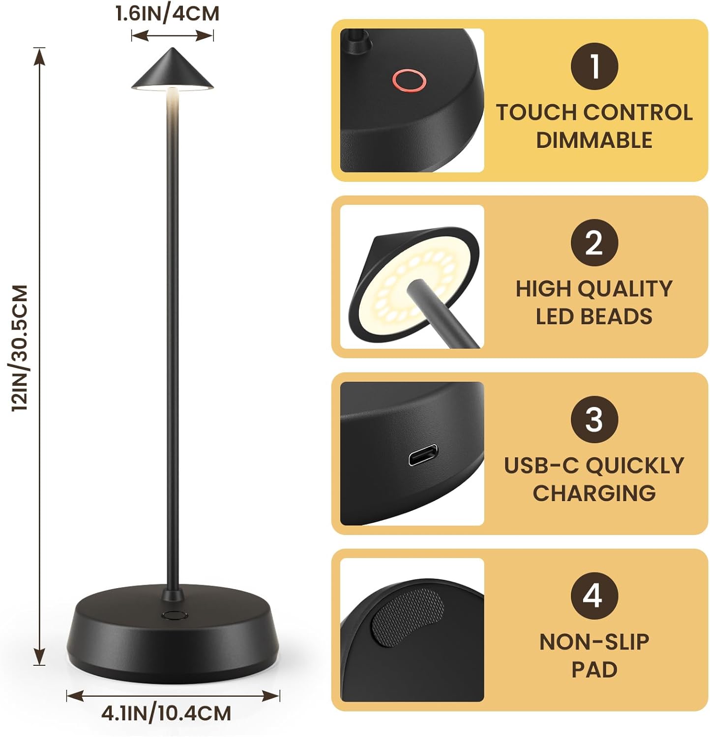 Cordless Table Lamps Rechargeable, 6000mAh LED Battery Operated Desk Lamp, Portable Outdoor Waterproof Touch Stepless Dimmable Wireless Table Light for Dining Restaurant Home Patio (Black-2PC)