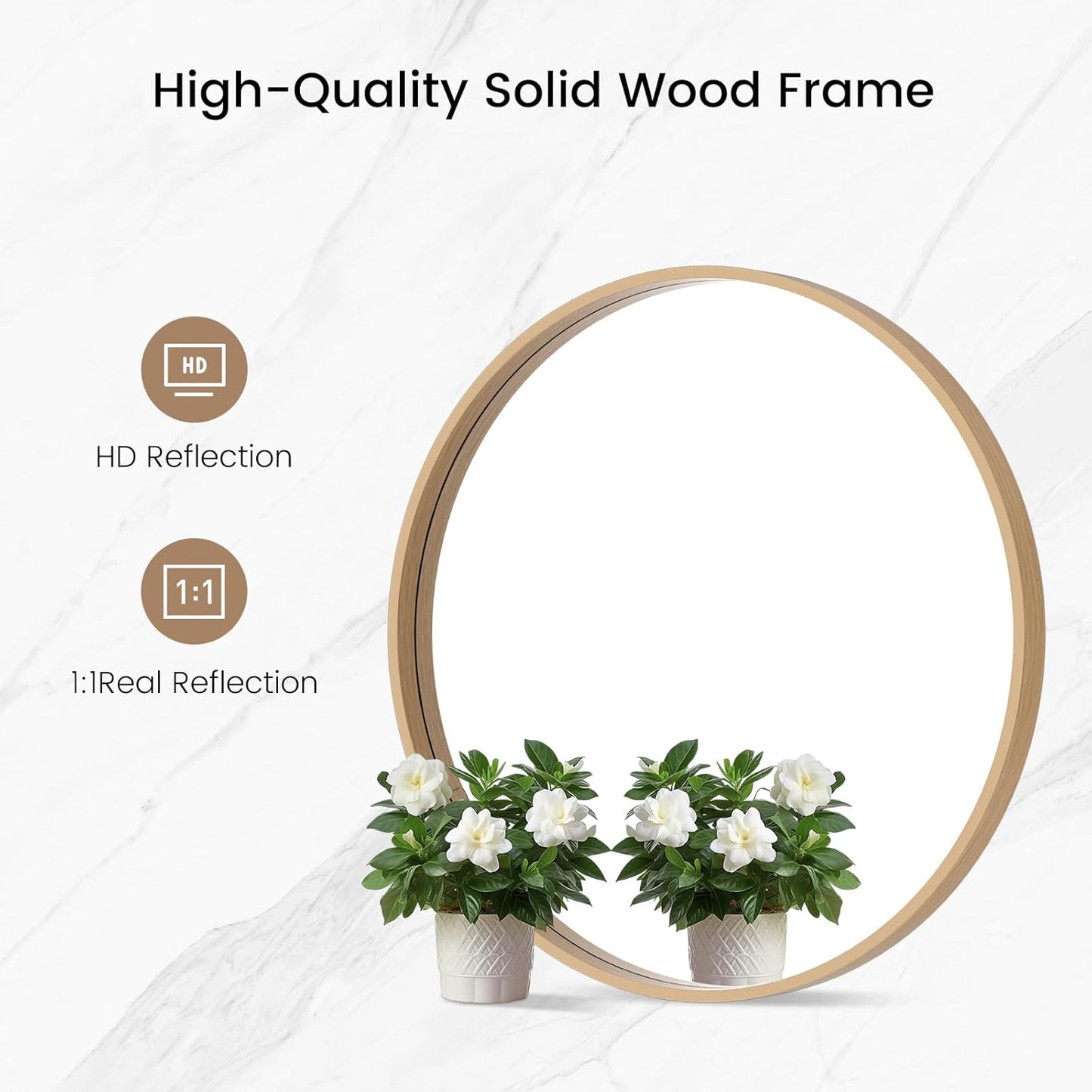 WallBeyond Round Wood Mirror 24 inch Circle Wall Mirror for Bathroom Round Wall Mirror for Wall Decor, Vanity, Entryway Living Room (Natural)