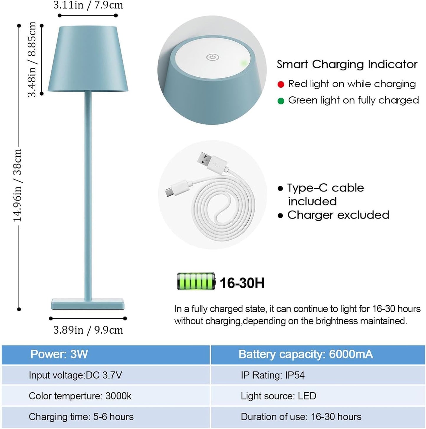 2 Packs Rechargeable LED Table Lamp,Outdoor Cordless Table Lamp Waterproof Portable, Stepless Dimmable Modern Lamp for Restaurant/Bedroom/Outdoor (Blue)