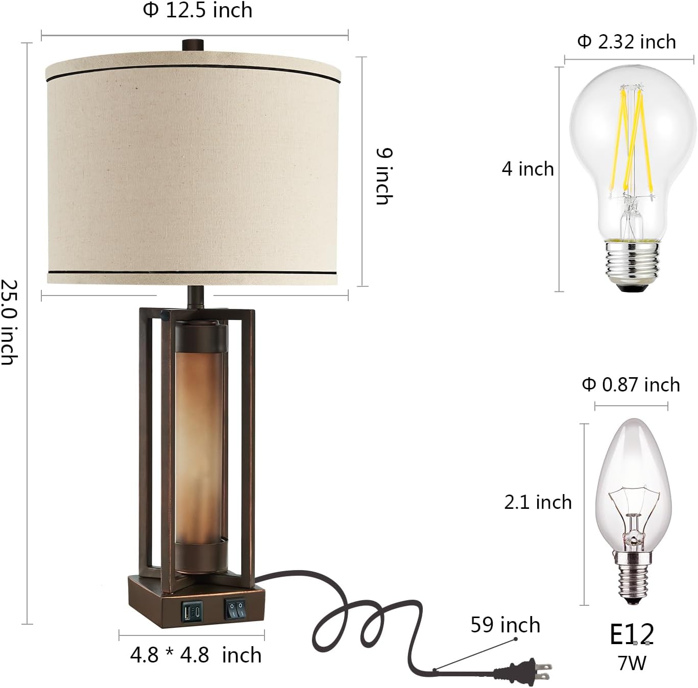 Rustic Table Lamps for Living Room Set of 2 with USB C+A Ports, Farmhouse Vintage Nightstand Lamp with Amber Night Light, Retro Desk Lamp for Bedroom, 4 Bulbs Included (Brown)