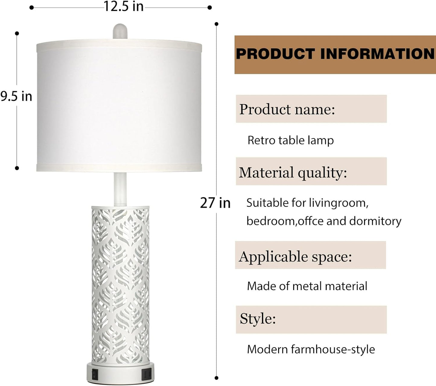 Set of 2 Rustic Table Lamps for Living Room Bedroom, Vintage Farmhouse Nightstand Lamp with 2 USB Ports, Hollow Out Metel Lamp for End Table with Nightlight (White)