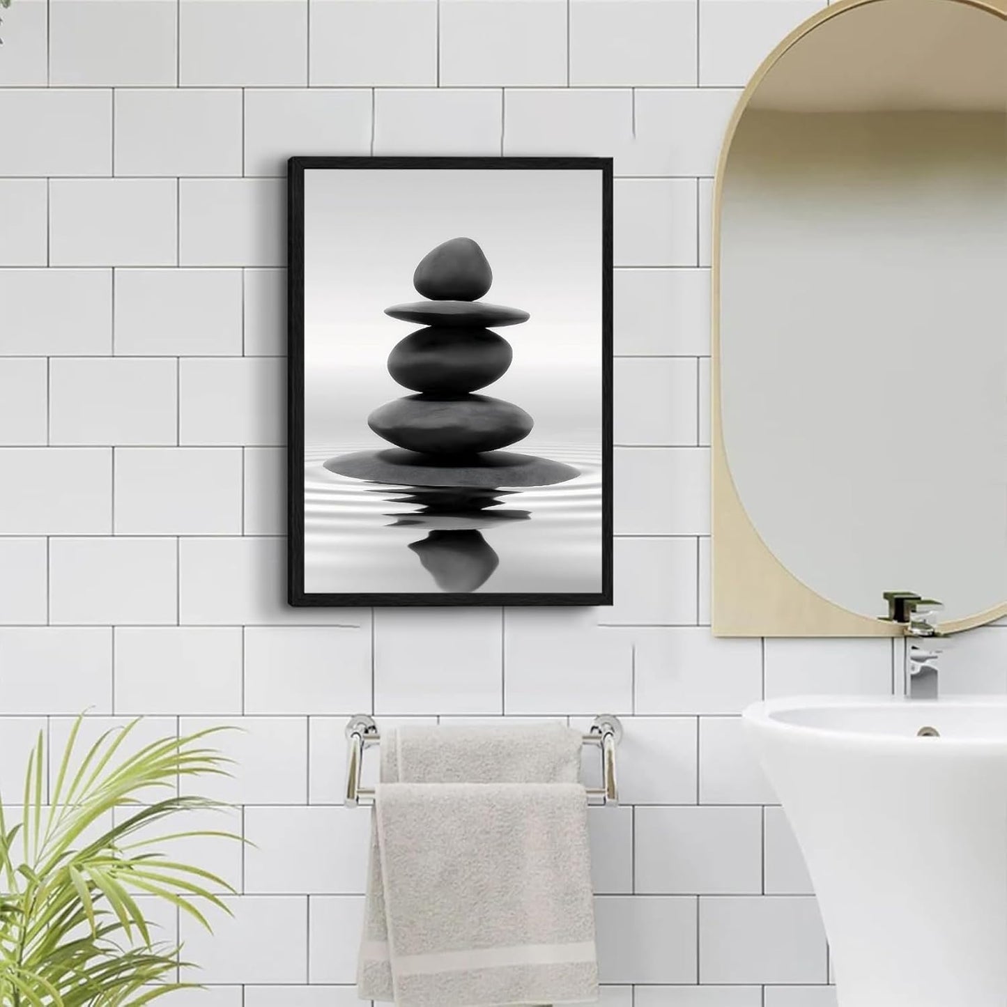 DCMVJHZV Framed Black and White Bathroom Wall Art Zen Stones in the water Bathroom Wall Art Yoga Meditation Picture Wall Decor Spa Room Bedroom Living Room Wall Painting Print (12"x16")