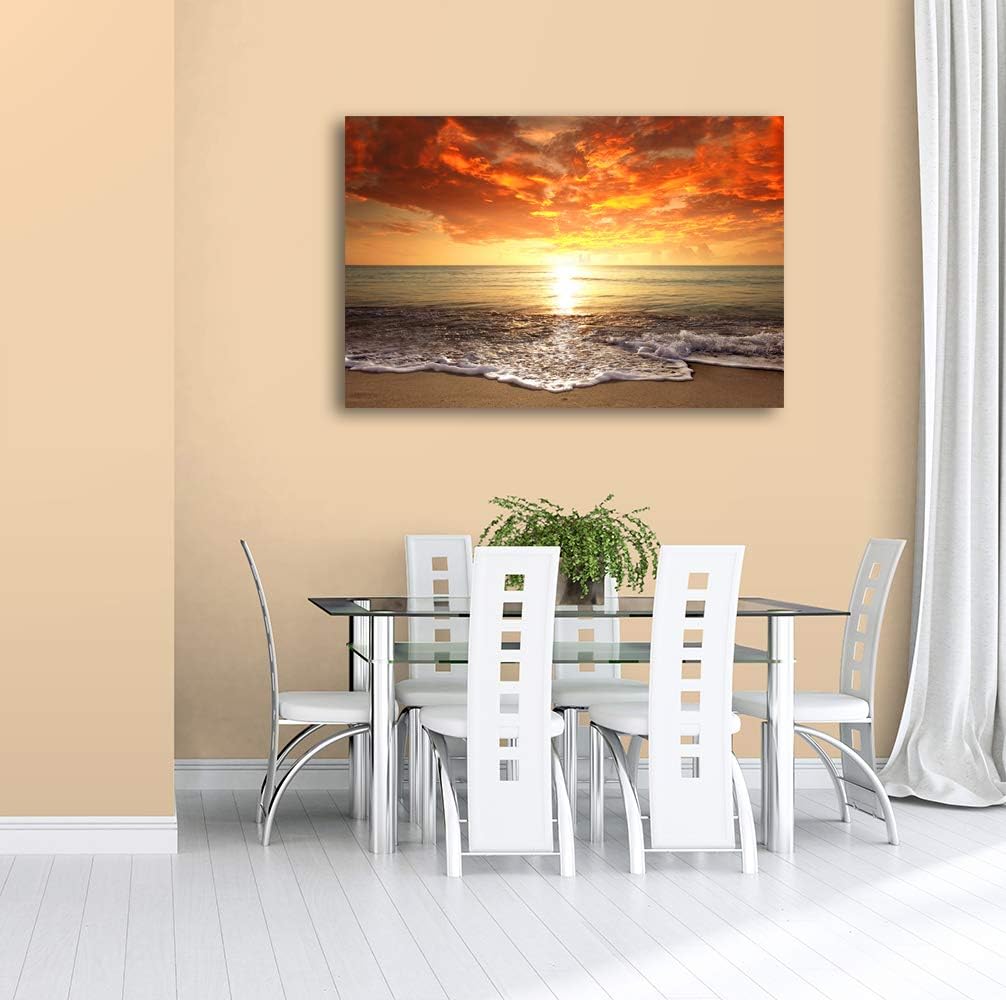 Baisuart-S0169 Canvas Prints Wall Art Sunset Ocean Beach Pictures Photo Paintings for Living Room Bedroom Home Decorations Modern Stretched and Framed Seascape Waves Landscape Giclee Artwork