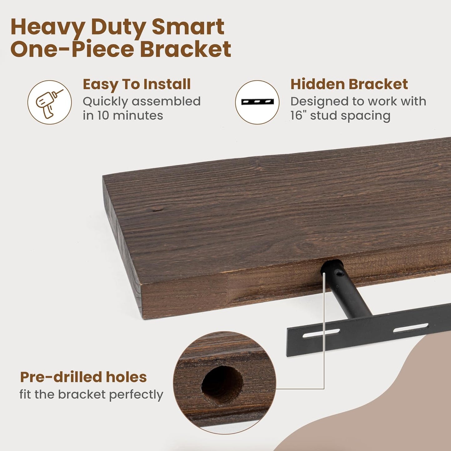 Floating Shelves for Wall Decor, Rustic Solid Elm Wood Live Edge Floating Shelves Wall Mounted, Wall Shelves with Invisible Bracket for Living Room Bathroom Bedroom Kitchen, 36 Inch Set of 2, Walnut